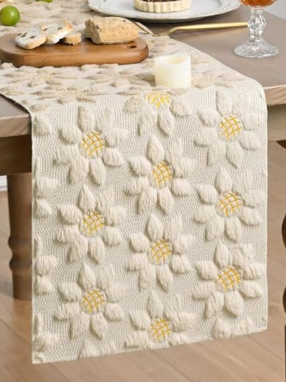 New - Beige Soft Plush Faux Fur Jacquard Embroidery Sunflower Table runner